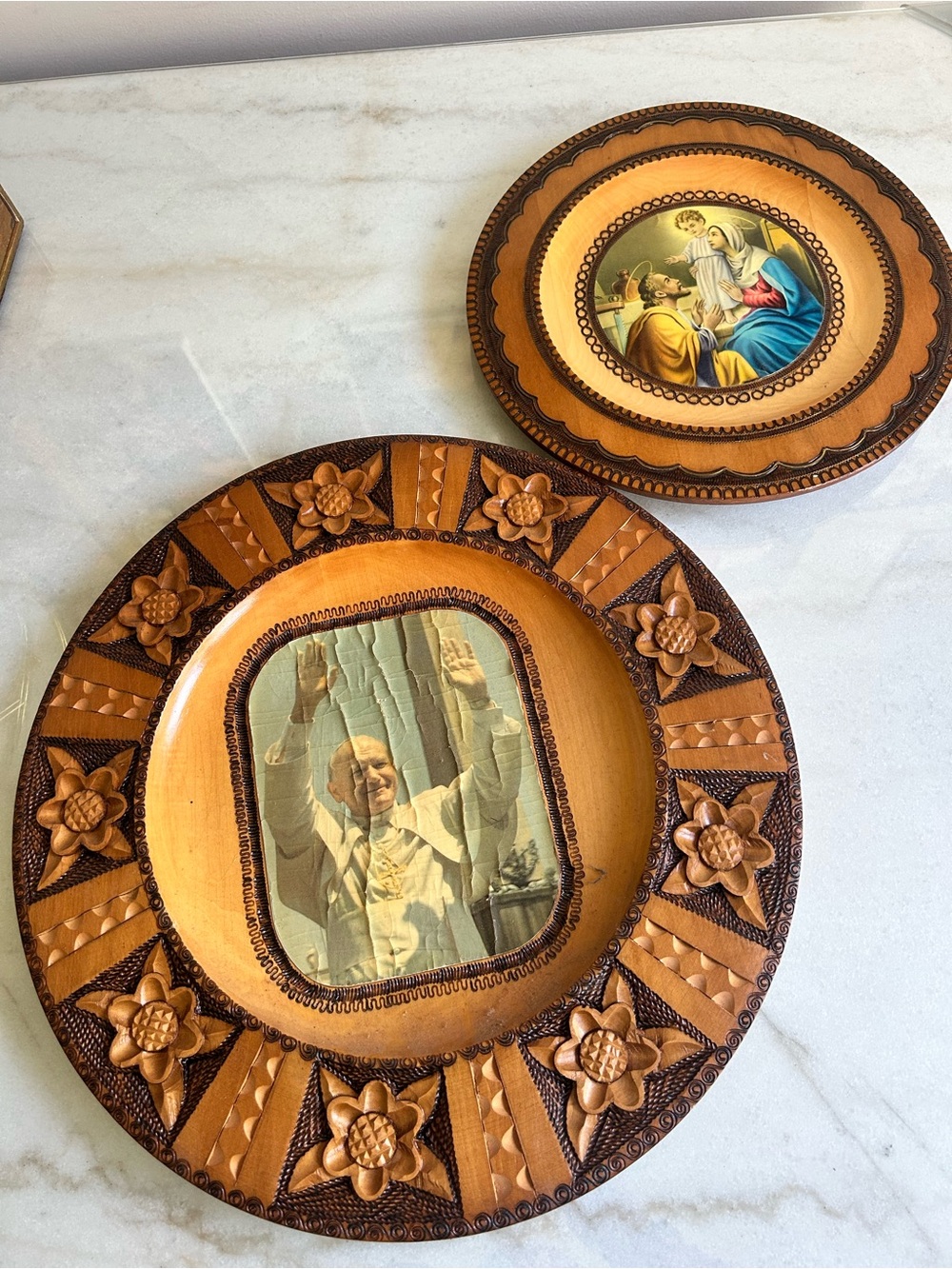 Vintage Catholic Carved Wood Wall Plaques Pope John Paul II Holy Family Set